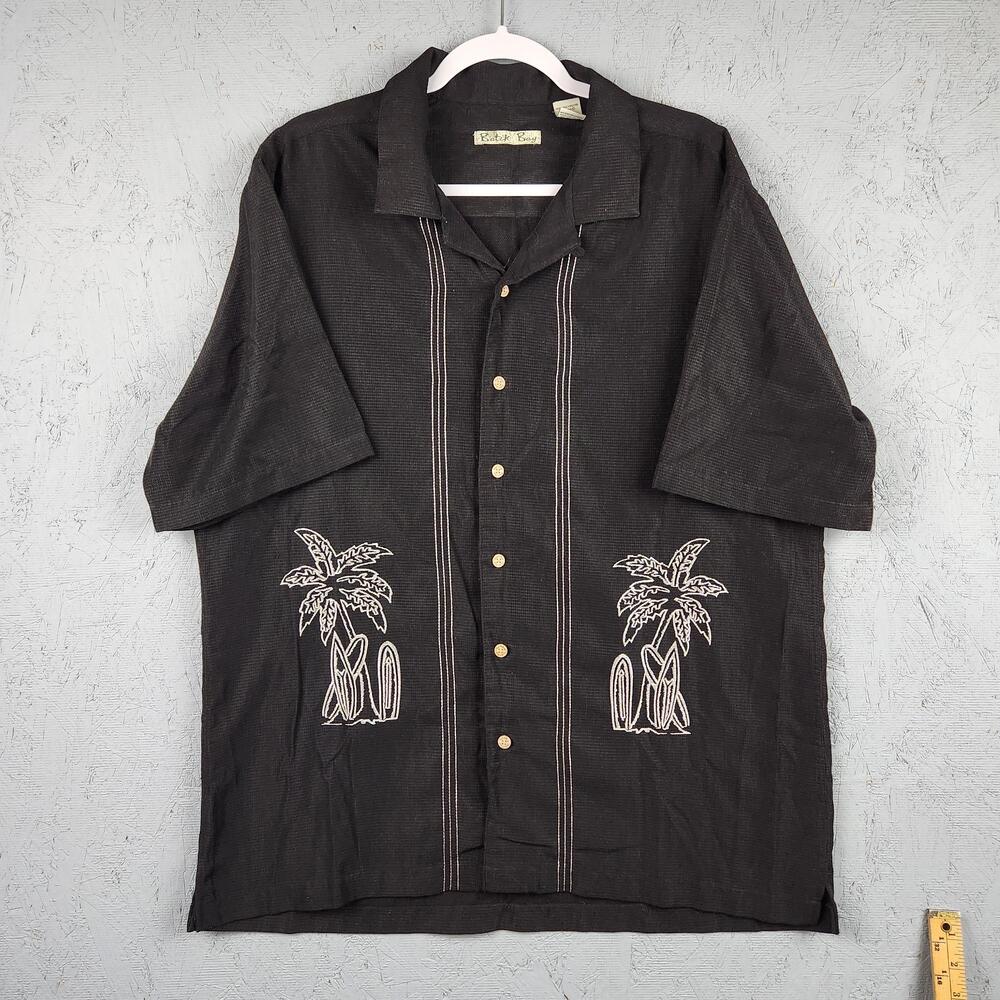 Batik Bay Shirt Mens Large Black Palm Tree Embroidered Button Up Surfboard Beach